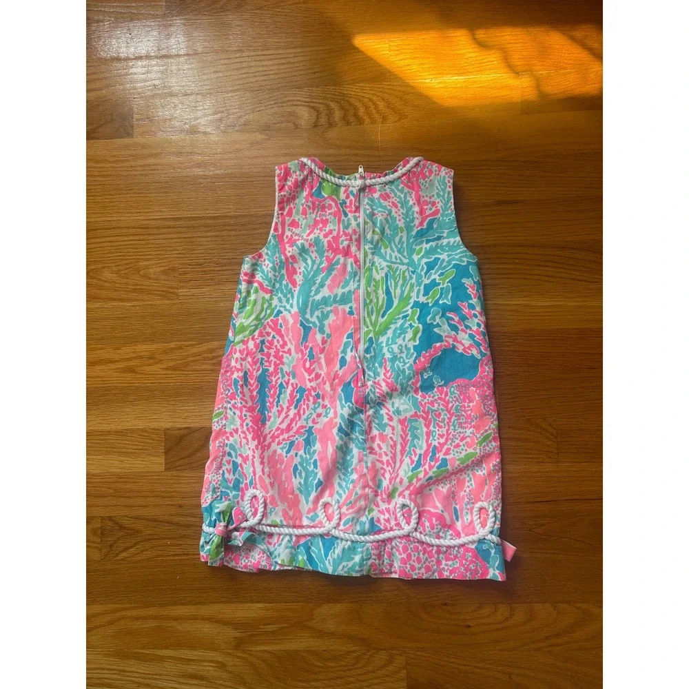 Lilly Pulitzer Girls Pink Blue Coral Reef Rope Trim Shift Dress Size 5